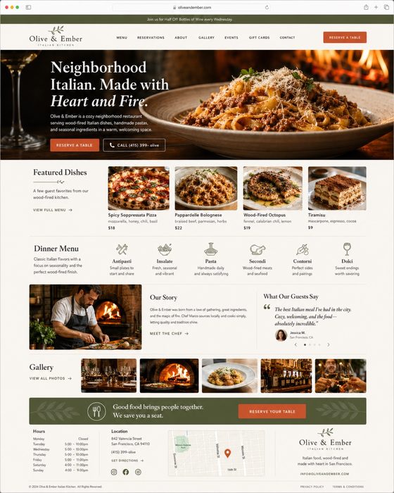 Olive Ember Italian — restaurant website example