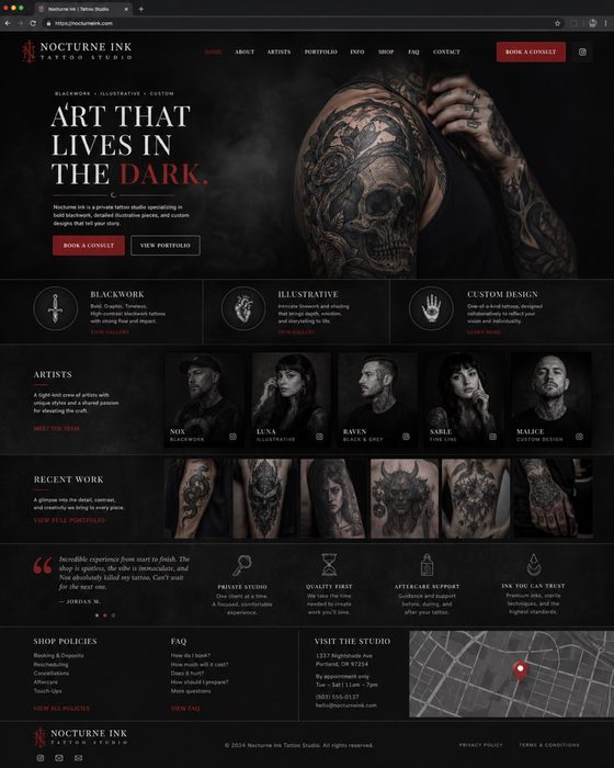 Nocturne Ink Tattoo — modern tattoo studio website example